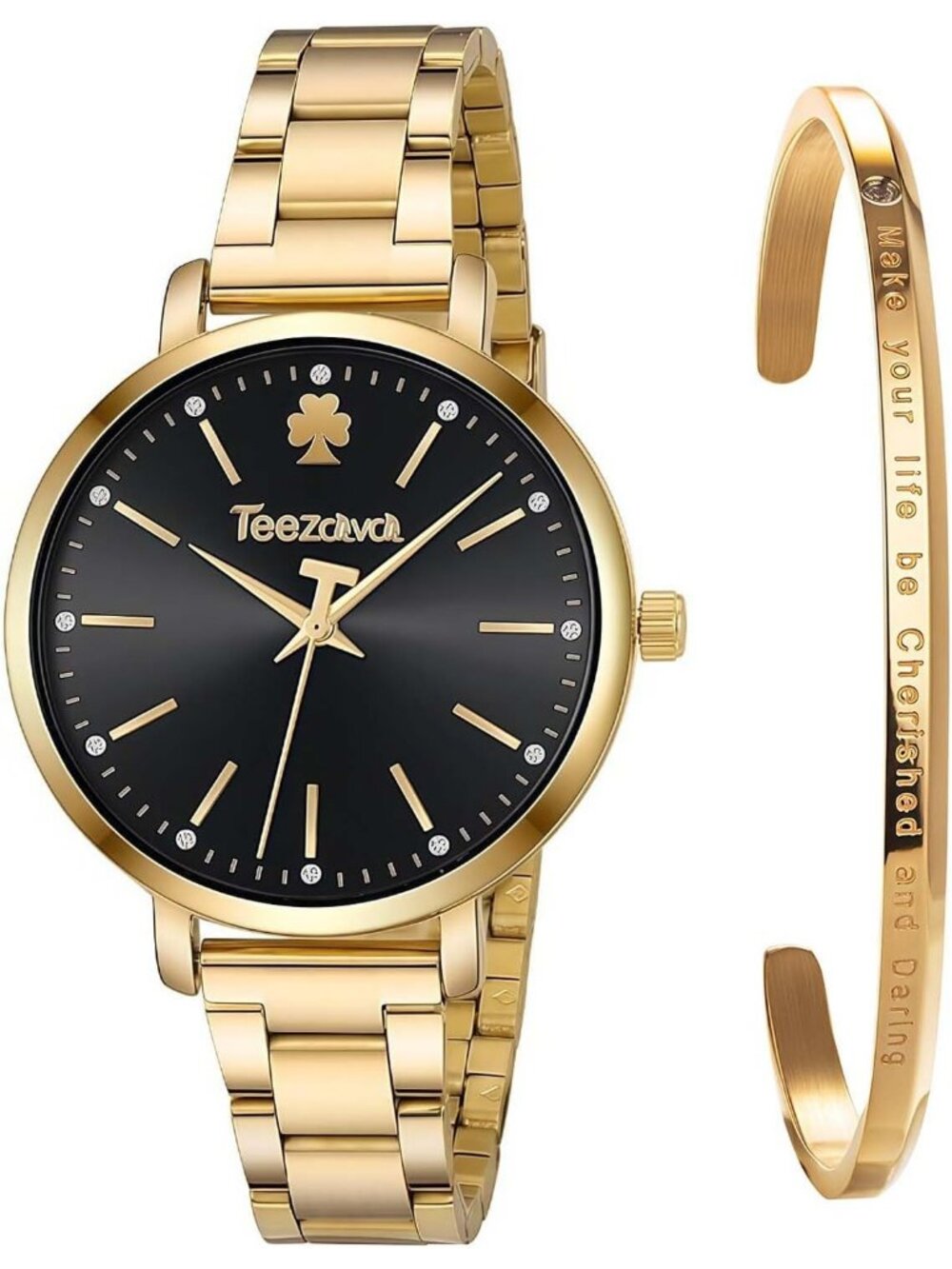 Women's Black Gold Crystal Case Stainless Steel Band Cuff Bracelet Set Watch